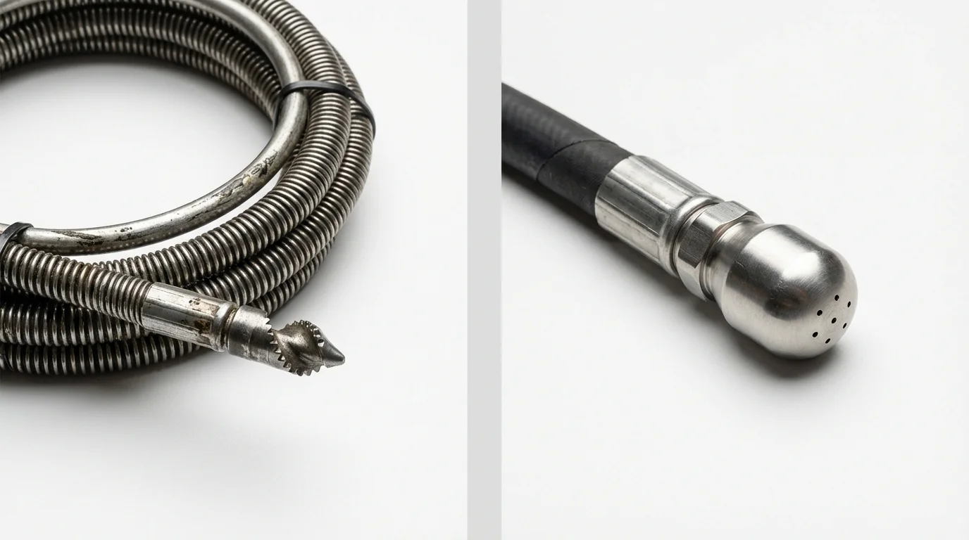 Drain snake cable and hydro jetting nozzle used for drain cleaning in Central Valley, NY