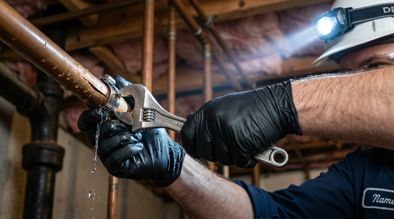 Emergency pipe clamp repair being performed by a Johns Plumbing LLC plumber in Central Valley