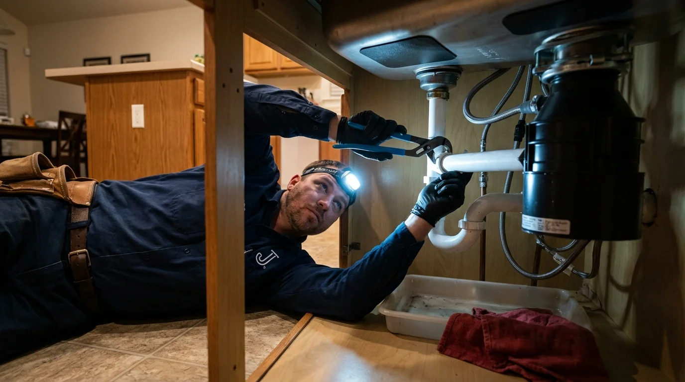 P-trap and supply line connections under a kitchen sink showing a common leak point in Central Valley, NY